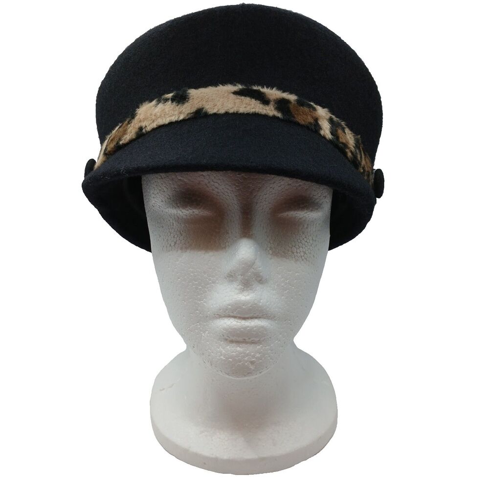 Vintage Preston And York Newsboy Hat Black 100% Wool w/ Faux Leopard Trim Italy